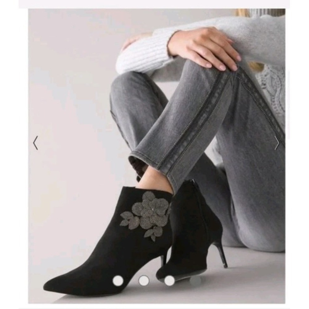 White House Black Market Black Heeled Boots with Rhinestone Floral Accent Size 8
